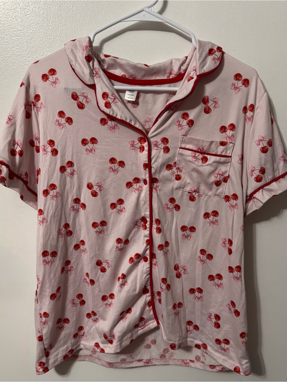 Pink Cherry-Print Short Sleeve Pajama Top with Red Trim